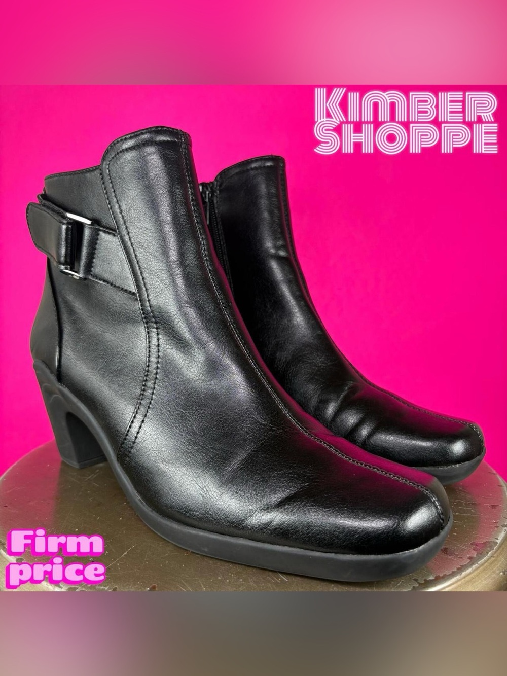 Aerosoles Black Faux Leather Square Toe Sculpted Heel Ankle Boot US 8.5 UK 6.5